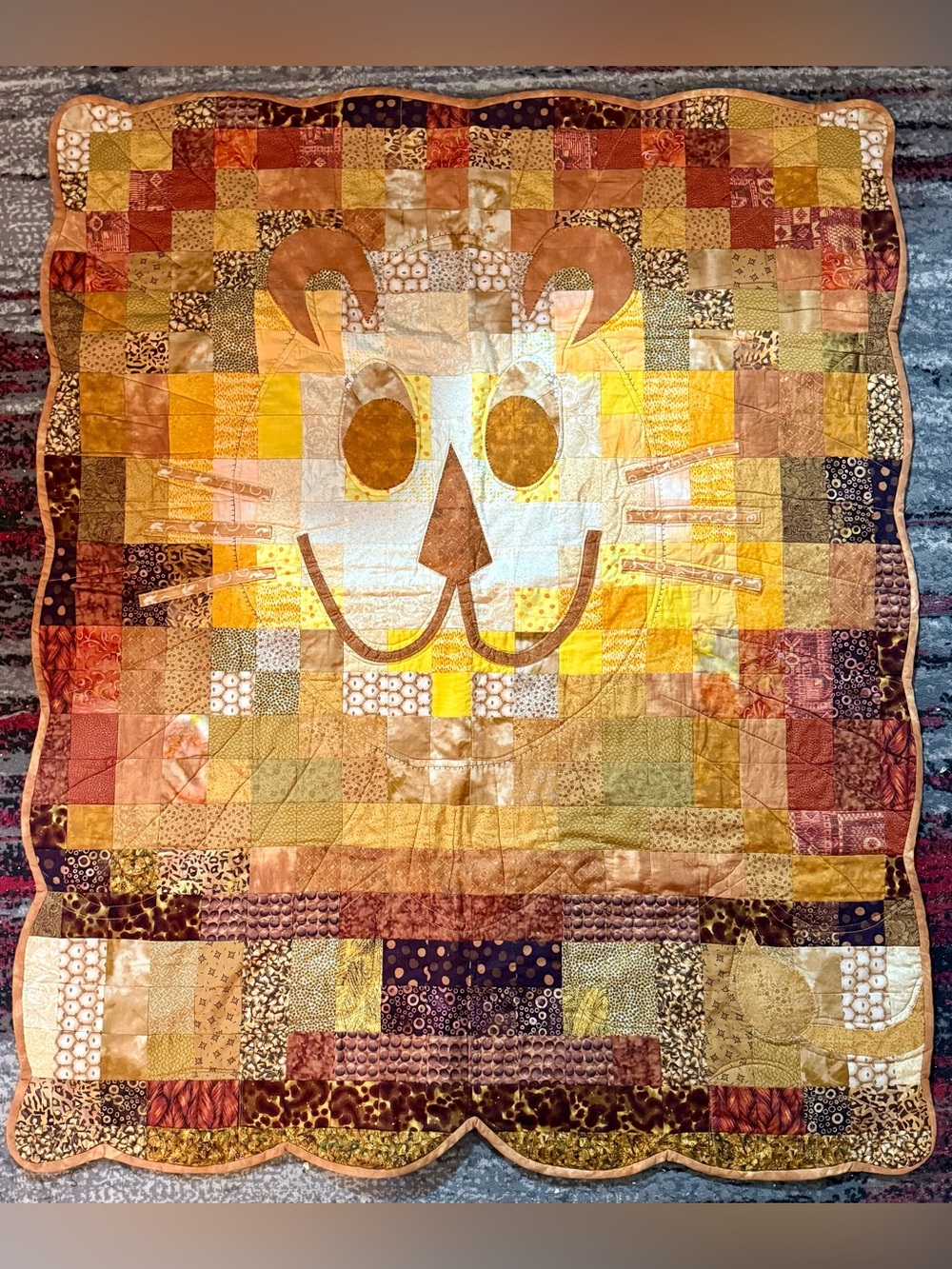 Handmade Lion Patchwork Baby Quilt in Warm Autumn Tones